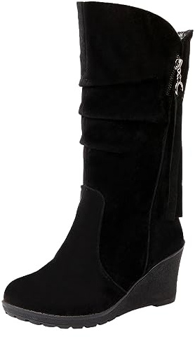 rismart Damen Schlupfstiefel Wadenhoch Keilabsatz Dünn Fellimitat Wildleder Winterschuhe Schwarz,39