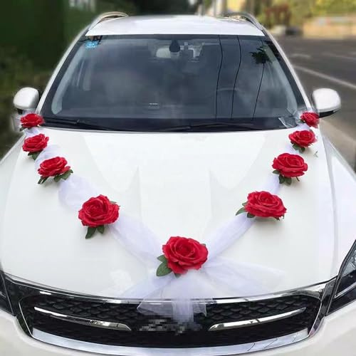 AUTOSCHMUCK Hochzeit Deko Set Girlande Girlande Girlanden Girlanden Girlanden rot weiß mit 9 Rosen 2x1,6m Lang