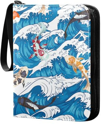 Sea Fish Ocaen Wave Sammelkartenalbum 4 Taschen Kartenordner 50 Seiten 400 Karten PU Reißverschluss Kartenbinder Aufbewahrungshalter für Sportspielkarte