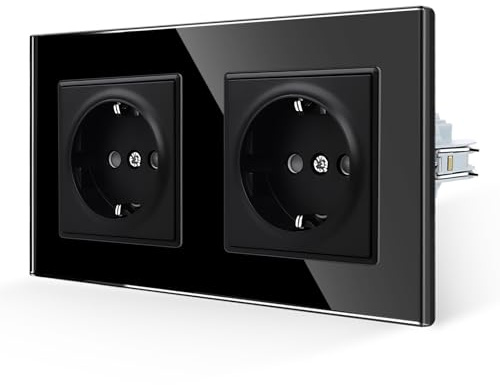 JIMEIDA Doppelsteckdose Glas Schwarz Mit Haken 16 Amp Standard Schuko Steckdose Gehärteter Glasscheibe Schutzkontakt Wandsteckdose 157 * 86mm 250V