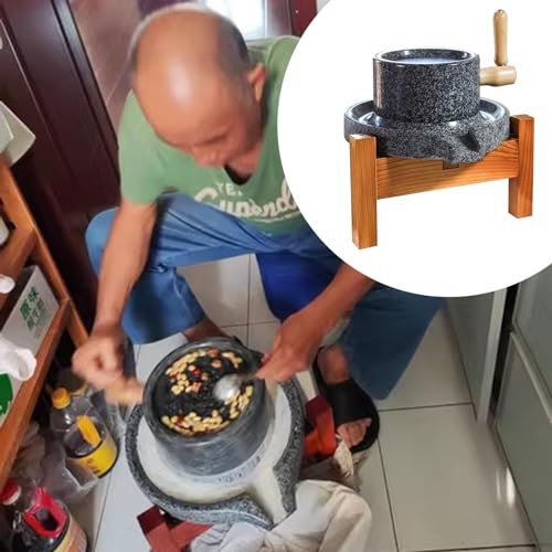 ENHEN Small Manual Granite Mill with Wood Hand Crank, Handmade Flour Mill Grinder for Home, Soy Spices/Beans/Peanuts/Millet/Rice/Oats Pulverizer