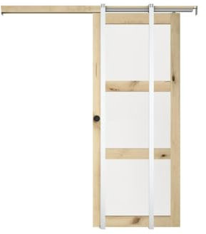 Vente-unique - Puerta corredera empotrada con tabique con 3 ventanas - Alt. 205 x Ancho 63 cm - MDF natural - Vidrio templado esmerilado - ACOSTA II
