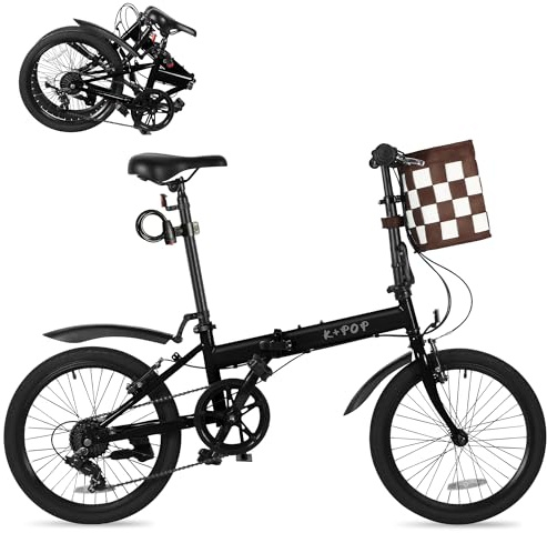 20 Inch Folding Bike for Adults, 7 Speed Foldable Bike with Basket, Lightweight Folding Bicycle with Adjustable Seat & Front and Rear V-Brakes (Black)