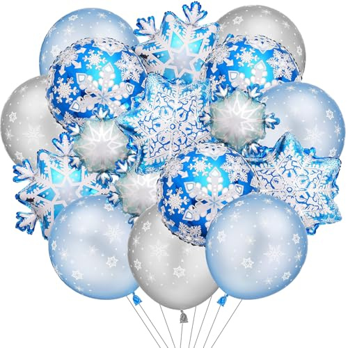 60 Stück Schneeflocken Luftballons, Blau Schneeflocken Folienballons, Schneeflocken Latexballon, für Mädchen Geburtstag Babyparty Hochzeit Schneeflocke Party Deko