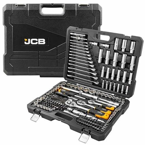 JCB Juego de llaves de vaso y herramientas de 218 piezas, 3/8 pulgadas, 1/4 pulgadas y 1/2 pulgadas, brocas, llaves y accesorios para varios fines mecánicos y de mantenimiento de alta resistencia