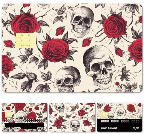 CREATCABIN 4 Autocollant Carte Crédit Motif Tête Mort Rose Personnalisable Décoration Carte Crédit Mince Étanche Protection Bancaire Autocollant Blocage RFID pour Porte 5.4x8.6cm