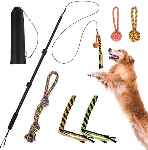 WOVTE Flirt Pole for Dogs, Extendable Dog Flirt Pole with Detachable Toy Ropes Dog Teaser Wand with Lure Chewing Toy for Outdoor Exercise & Training for Large Medium Small Dogs