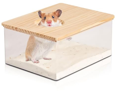 WIYETY Bagno di Sabbia per Criceti con Copertura in Legno Massiccio, Doccia per Cincillà, Orsi Dorati, Gerbil (21 x 15,5 x 10 cm)
