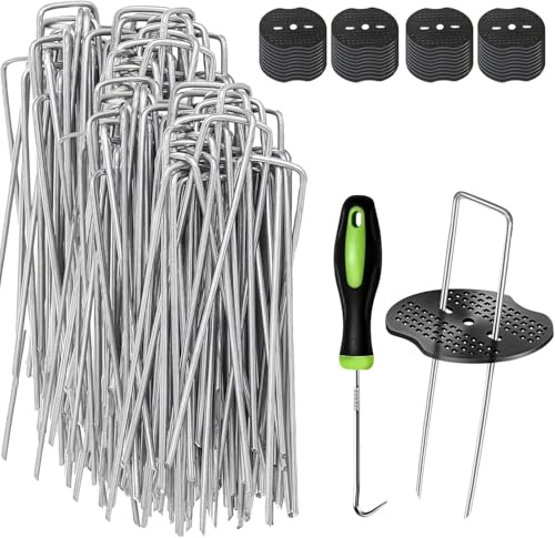 Clavijas de Membrana para malezas, Paquete de 100 Clavijas de Metal de 150 mm + 50 Arandelas amortiguadoras, Clavijas de Tierra Resistentes, Pinzas de jardín de Tela, Grapas de césped Artificial para