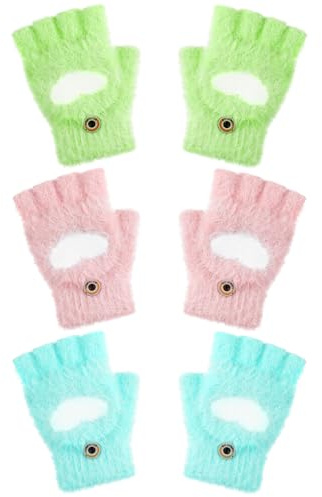 Geyoga 3 Pair Kids Fingerless Gloves for Girls Winter Warm Convertible Flip Top Gloves Heart Half Finger Mitten for Toddler(Pink, Green，pale Green,3-6 Years)