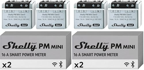 Shelly PM Mini Gen3, Misuratore di Potenza Intelligente WiFi e Bluetooth, 1 Canale, 16A, Domotica, Monitoraggio Energetico in Tempo Reale, Alexa & Google Home, iOS & Android (2 pezzi)