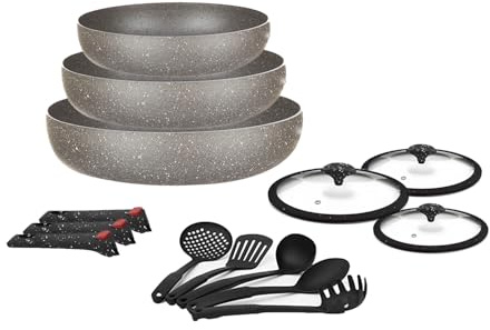 Wintem Set Padelle Antiaderenti Grigie12 Pezzi – Batteria Padelle Induzione Effetto Pietra con Manici Removibili | Utensili da Cucina con Coperchi in Vetro
