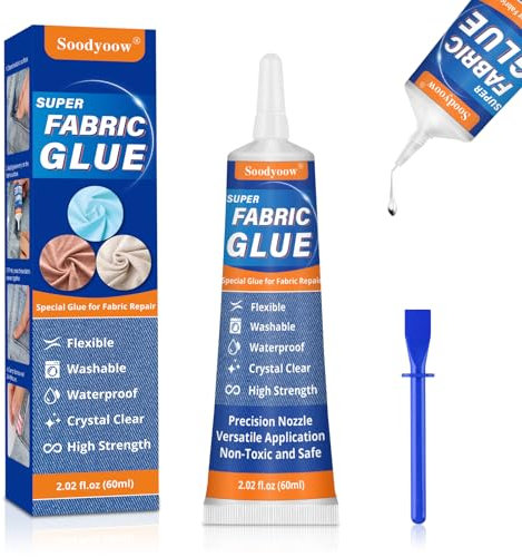 Soodyoow Colla Tessuto, 60ML Colla per Tessuti Resistente ai Lavaggi e Impermeabile per Cotone, Flanella, Denim, Poliestere e Riparazione di Bambole