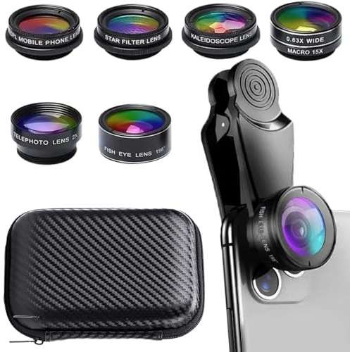 Objectif 7 en 1 pour téléphone portable, kit d'objectif de téléphone portable, clip universel, pour iPhone, Samsung, pour smartphone Android, grand angle, macro, poisson, kaléidoscope, filtre étoilé