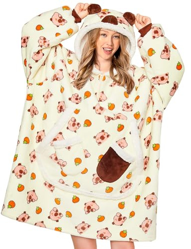 OLAOLA Adult Capybara Print Oversized Wearable Blanket Hoodie Sweatshirt | Ultra-soft, skin-friendly flannel & sherpa with original 3D hood. Machine washable, plus oversized for any body shape!