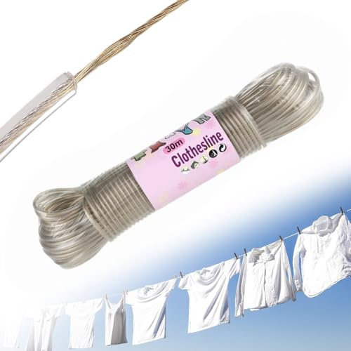 30m Outdoor Washing Line with Steel Core, Strong String 4mm Rustproof and Waterproof Dia Clotheslines,Heavy Duty Clothes Line Steel Core,Long Clothes Lines for Outside Garden Travel (transparent)