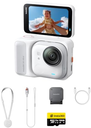 Insta360 GO Ultra Pack Standard Bianco Artico 128GB- action cam mini 4K a mani libere, indossabile, superba in bassa luce, montala ovunque, stabilizzazione FlowState, 200 min di carica, bici e corsa