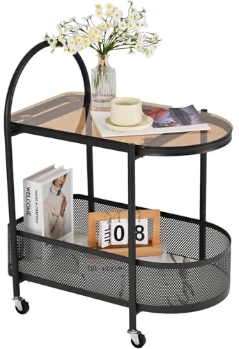 EXKURPOO Bar Cart Home Vintage Bar Cart 2 Tiers Trolley Black Bar Cart for Bar Serving on Lockable Wheels with Tempered Glass Shelves Drink
