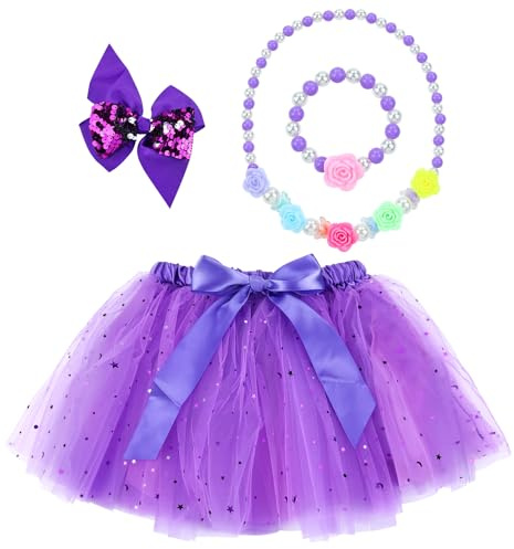 Dizila Glitter Star Layered Fluffy Tulle Tutu Skirt Princess Ballet Dance Dress with Bow Hair Clip for Toddlers Kids Little Girls Purple