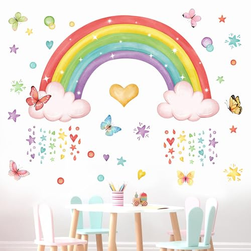 Wandtattoo Regenbogen 30x90cm, Regenbogen Wandaufkleber | Bunte Schmetterlinge Wolken, für Mädchenzimmer Kinderzimmer Babyzimmer