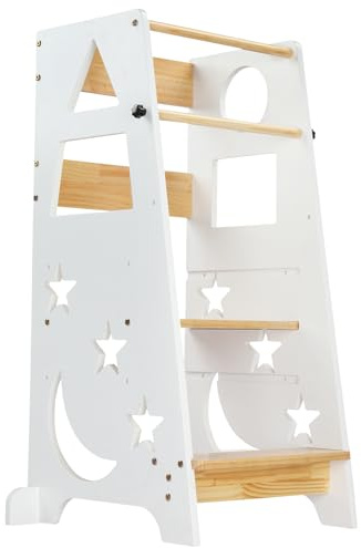 LEADZM Tour d Observation Enfant Montessori，Tour d'apprentissage，3 Hauteurs en Bois, Stabilité Anti-Bascule et Découverte des Formes（Blanc+Nature）