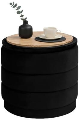 Bonlife Runde Ottomane mit Deckel, Klappbare Fußstütze mit Tisch, Fußstütze, Fußhocker für Wohnzimmer, Schlafzimmer, Flur, Schwarze Samt,39x39x37cm