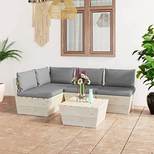 JHQHSM 5-teilige Garten-Sofagarnitur aus Paletten mit Kissen, Fichtenholz Lounge-Set für Terrasse und Garten, robuste Tischplatte, modulares Design, wetterfest und pflegeleicht,
