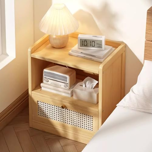 Bamboo Nightstand, Nightstand with Drawers & Bottom Baffle, Rattan Cabinet Doors, Reserve Baseboard for Books, Desk Lamp, Tissues