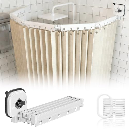 ZSWXF Duschvorhang Ohne Bohren, Antischimmel & Wasserdicht, Faltbar & Waschbar, L-/U-Form Duschvorhangstange mit Starkem Saugnapf, Für Eckdusche,Beige,5Folds
