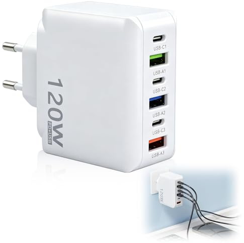 Cargador 120W Carga Rapida Multiple 6 Puertos USB C y USB A | Enchufe Adaptador de Pared, para Telefonos Moviles Tablet Laptop