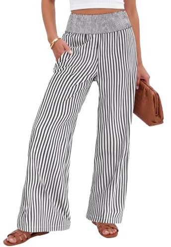 Xiaoliny Pantaloni Donna Estivi Righe Verticali Pantalone a Gamba Larga Vita Alta Elastica Leggero Elegante Pantaloni Palazzo con Tasche Casual Tuta Pantaloni Larghi da Tempo Libero Spiaggia Vacanze