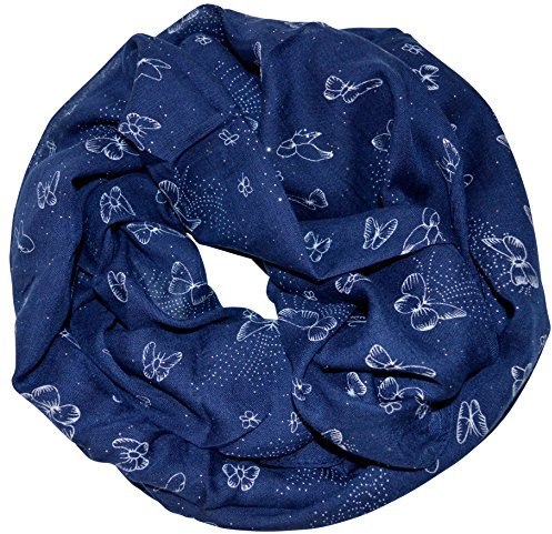 thb Richter Damen glitzernder Loopschal Schlauchschal mit Schmetterlinge Butterflies Muster Glitzer Glanz Schal Rundschal Leicht Weich Soft Butterfly Schmetterling (Dunkelblau)