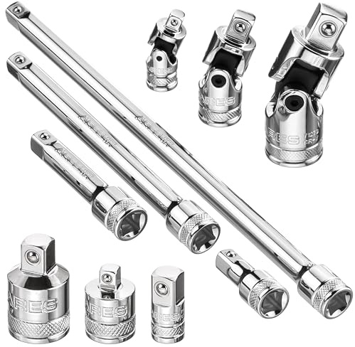ARES 71270-10-Piece Socket Accessory Set - Premium Chrome Vanadium Steel with Mirror Finish - Includes Socket Adapters, Extensions and Universal Joints