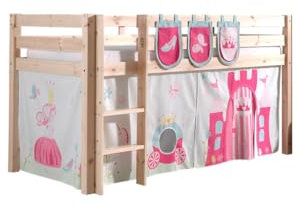 Spielbett Pino mit Textilset Vorhang und 3 Taschen Princes, Kiefer massiv Natur