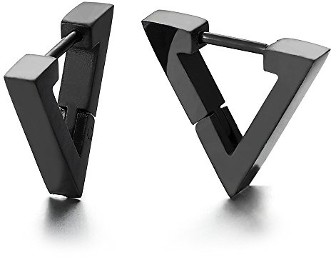 Nero Pianura Piane Aperto Triangolo Orecchini a Cerchio, Orecchini da Uomo Donna, Acciaio, Huggie Hinged Hoop