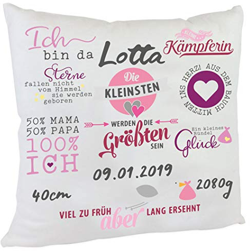 Personalisiertes Namenskissen für Frühchen Spruch zur Geburt oder Taufe Mädchen Namen Babykissen Säugling Geschenk (rosa)
