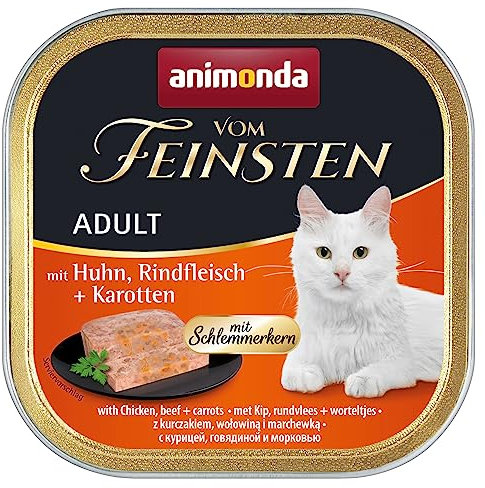 animonda vom Feinsten mit Schlemmerkern in Huhn & Rindfleisch + Karotten (32 x 100g), getreidefreies Katzenfutter nass ohne Zucker, mit frischen, fleischigen Zutaten