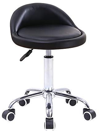 KKTONER PU Leather Round Rolling Stool with Back Rest Height Adjustable Swivel Drafting Work SPA Task Chair with Wheels (Black)