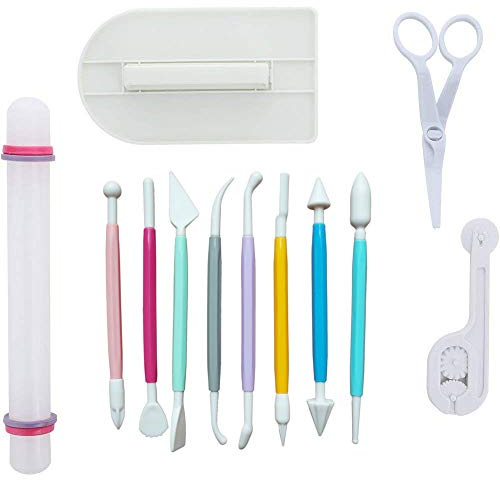 ScivoKaval Marshmallow Fondant Cake Decorating Hand Tool 12 Pcs 5 Sets Sugarcraft Gumpaste Icing Smoother Rolling Pin Trimmer Cutter Embosser Flower Scissor Modelling Accessories Supplies Kit Multi