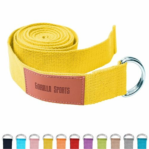 Gorilla Sports® - Cinturón de Yoga con Cierre de Metal (2,6 m de Largo, algodón en 9 Colores), Amarillo