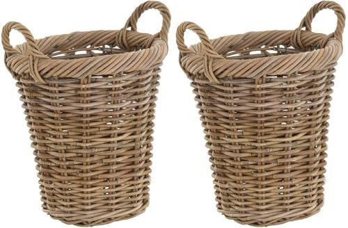 Set / 2 Rattan Pflanzkorb Grau Rund Übertopf geflochten mit Griffen Garten Pflanzen Deko-Korb Bepflanzen (Ø 32 mit Zopfrand)