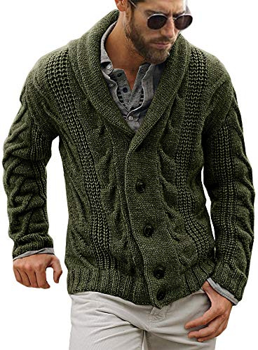 Mens Shawl Collar Cardigan Sweater Cable Knit Button Chunky Long Sleeve Winter Fisherman Casual Cardigans, Army Green, XXL
