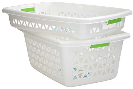 Domplex Conjunto Rectangular Mediana, A10. Set de 1 Cesta 1 Bandeja para Ropa Planchada, Plástico Polipropileno, Resistente y Duradero, Color, Alas Verdes, Blanco, Medio, 673/674VD
