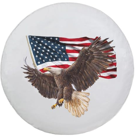 Jayke Joy Spare Tire Cover, White Wheel Cover with American Eagle USA Flag PVC Leather Waterproof Dust-Proof Universal Fit for Jeep Trailer RV SUV Camper Vehicle (15 Inch)