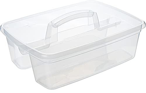 QILZO® Organizer für Reinigungsprodukte Transparenter Korb Kunststoff-Organizer 2 Fächer 39,5x29x16cm Korb mit Griff zur Aufbewahrung Mehrzweckreinigung, Schulbedarf, Aufbewahrung