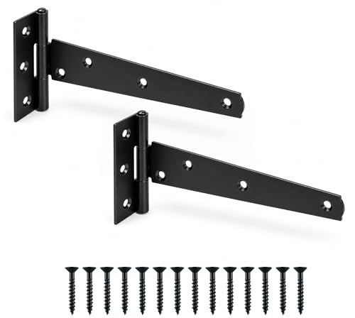 Garden Gate Hinges for Wooden Shed - 6 Inch 2Pcs Weather & Rustproof Powder Coating Metal Tee Strap Black Door Hinges for Garden Shed, Window, Fence, and Barn Gates