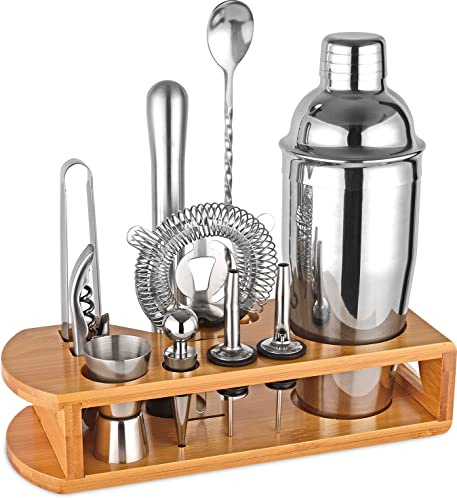 Cocktail Shaker Set Bartender Kit : 12-Piece Bar Tool Set with Bamboo Stand | Bars Set with All Practical Bar Accessories, for Drink Mixing, Bar, Home, Lounge & Party (Silver)