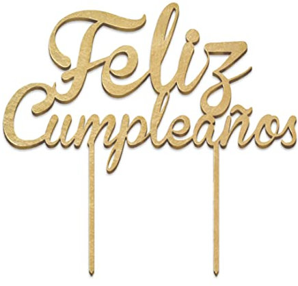 Cake topper dorado de madera Feliz Cumpleaños 18x16 cm.