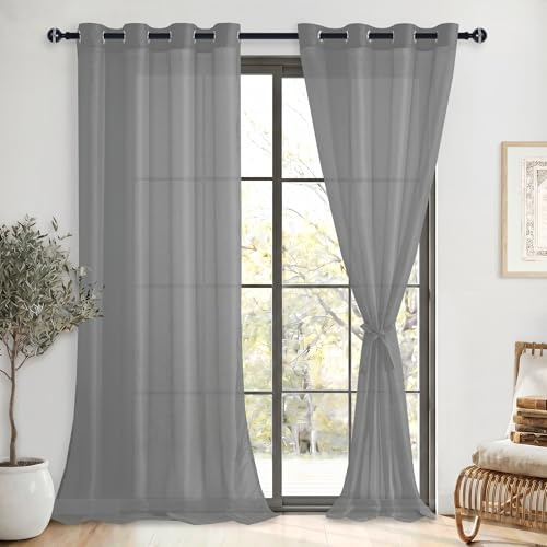 DWCN 2er Set Gardine Ösenschal Transparent Vorhang Sheer Voile Vorhänge | Dunkelgrau, 240x140cm(HxB), Transparent Tül Perde mit Vorhang-Krawatten Schienensystem Vorhänge für Wohnzimmer, Schlafzimmer