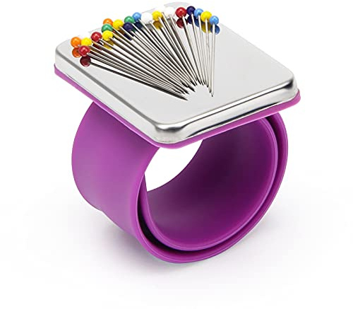 1 x Nadelkissen für Handgelenk, tragbar, magnetisch, mit Armband, zum Nähen, Violett